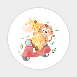 cute animal friends riding scooter Magnet